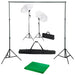 Fotostudiosett med bakgrunn, lamper og parasoller