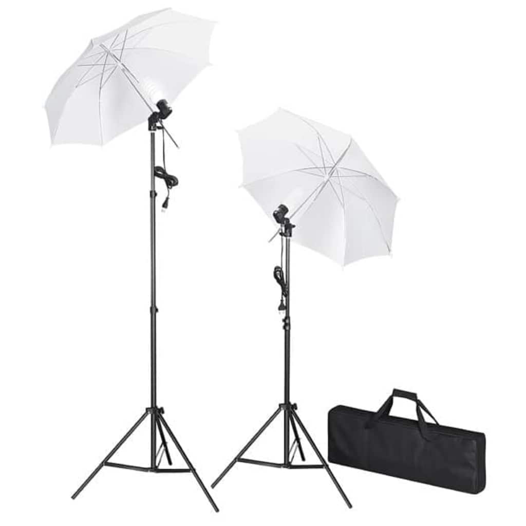Fotostudiosett med bakgrunn, lamper og parasoller