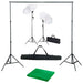 Fotostudiosett med bakgrunn, lamper og parasoller