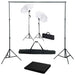 Fotostudiosett med bakgrunn, lamper og parasoller