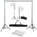 Fotostudiosett med bakgrunn, lamper og parasoller