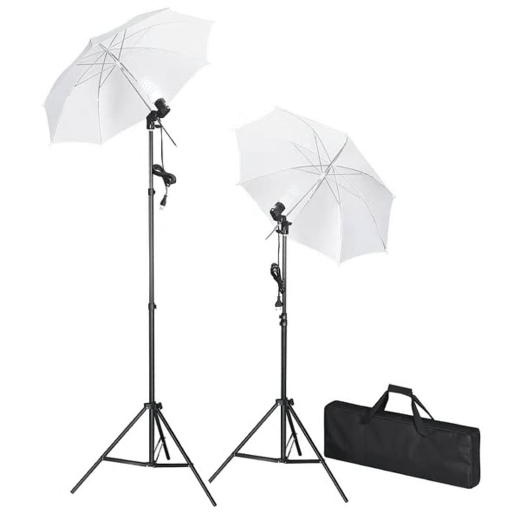 Fotostudiosett med bakgrunn, lamper og parasoller
