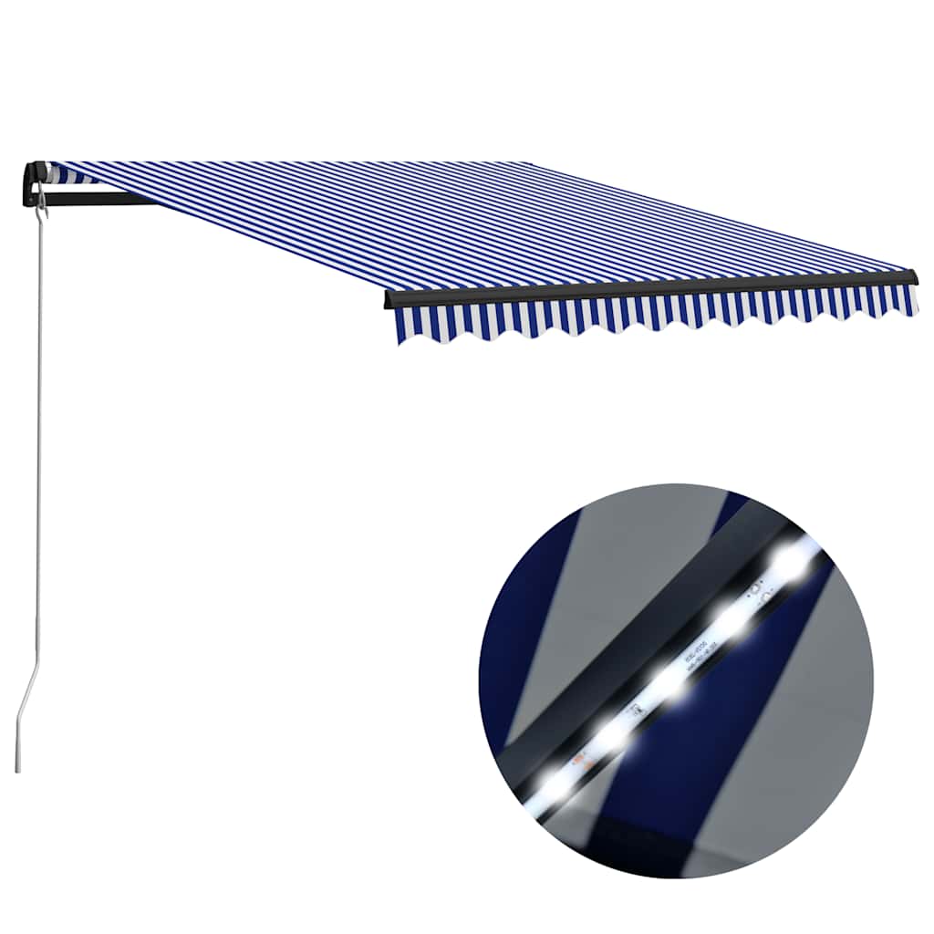 Manuell uttrekkbar markise med LED 300x250 cm blå og hvit vidaXL