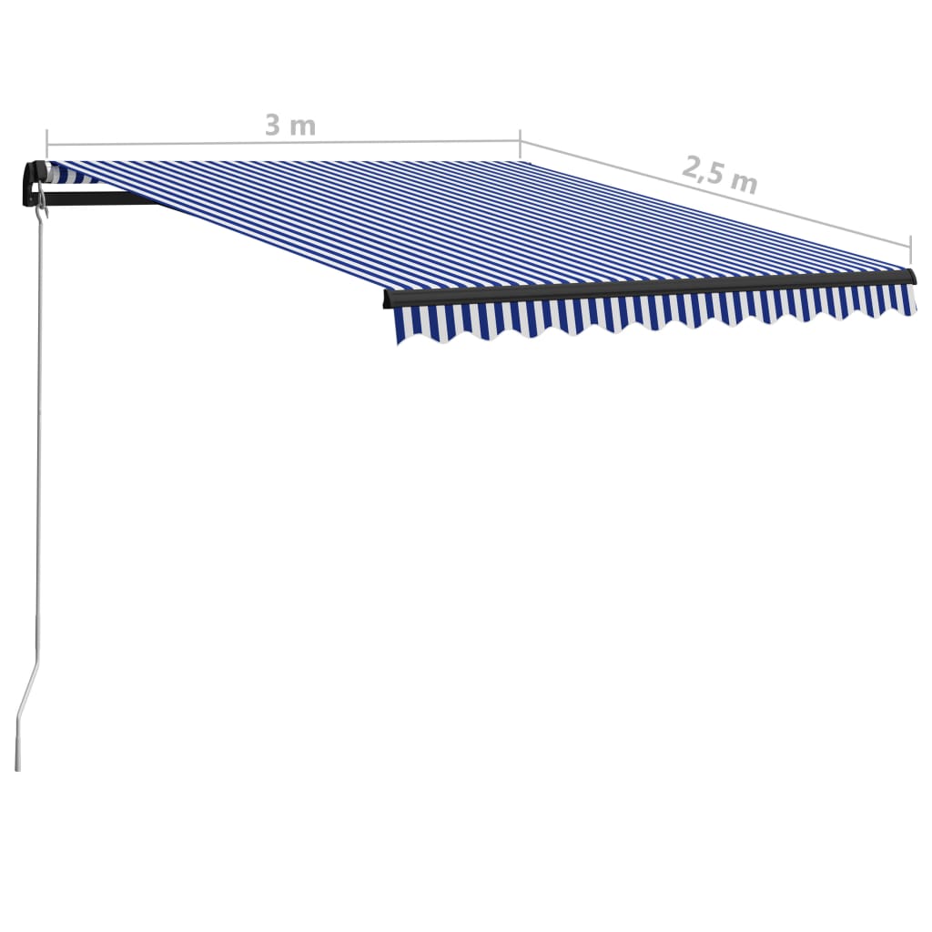 Manuell uttrekkbar markise med LED 300x250 cm blå og hvit