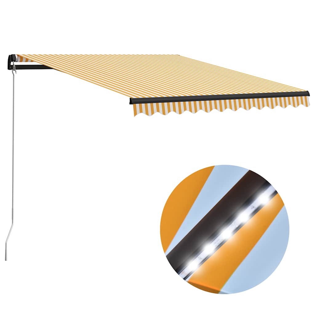 Manuell uttrekkbar markise med LED 300x250 cm gul og hvit vidaXL