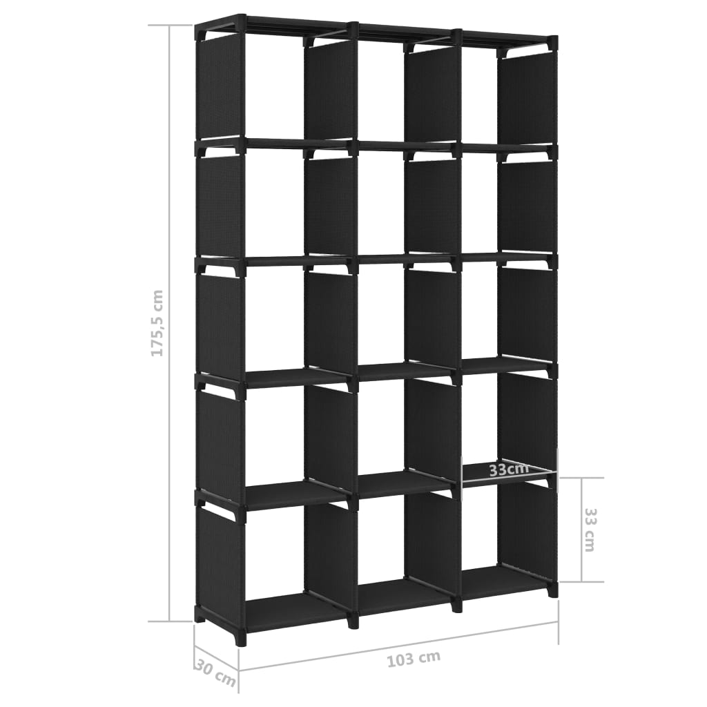 Displayhylle med 15 kuber svart 103x30x175,5 cm stoff