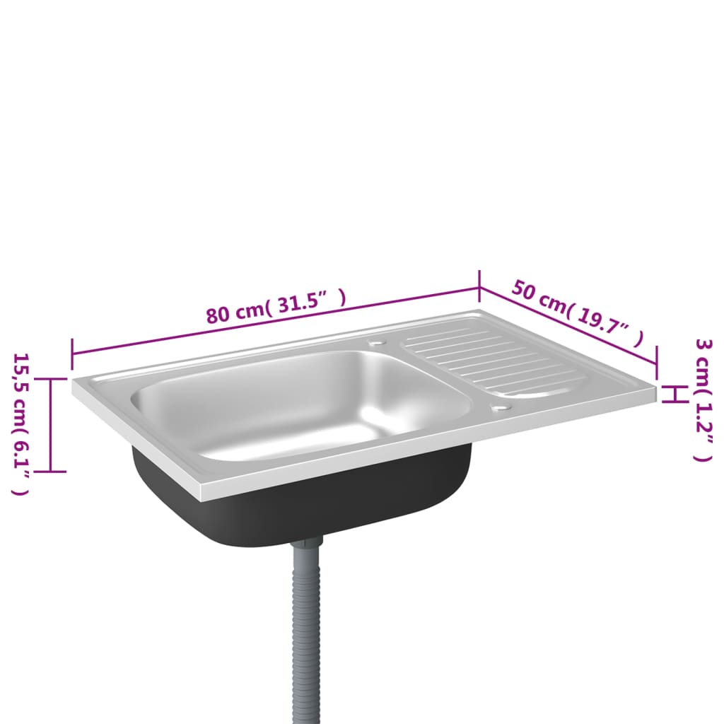 Kjøkkenvask med avløpssett sølv 800x500x155 mm rustfritt stål
