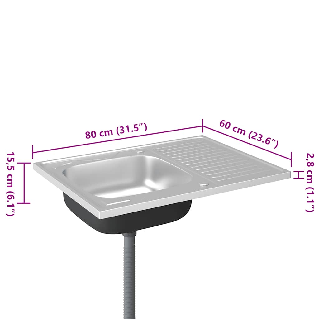 Kjøkkenvask med avløpssett sølv 800x600x155 mm rustfritt stål