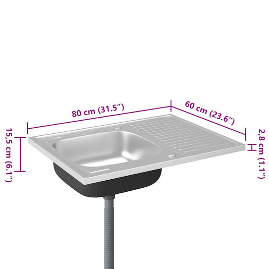 Kjøkkenvask med avløpssett sølv 800x600x155 mm rustfritt stål