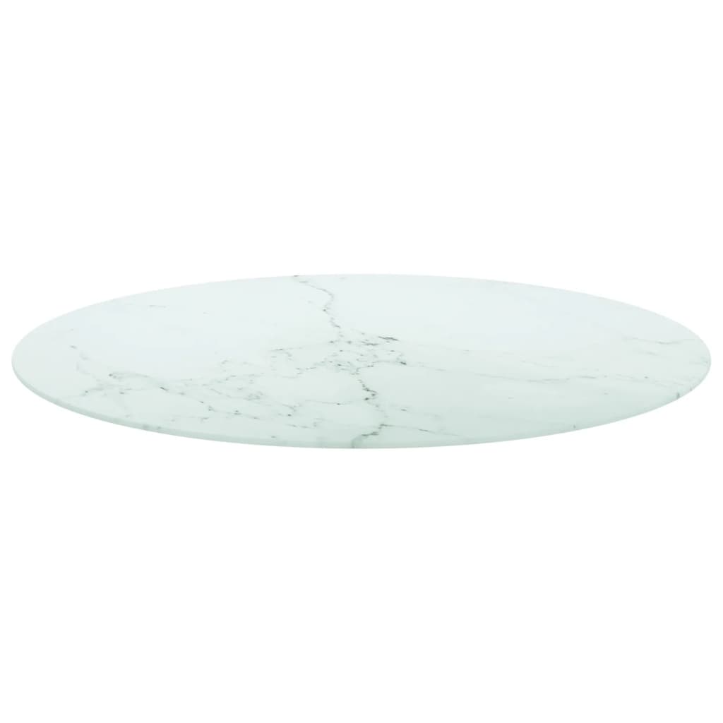 Bordplate hvit Ø90x1 cm herdet glass med marmor design