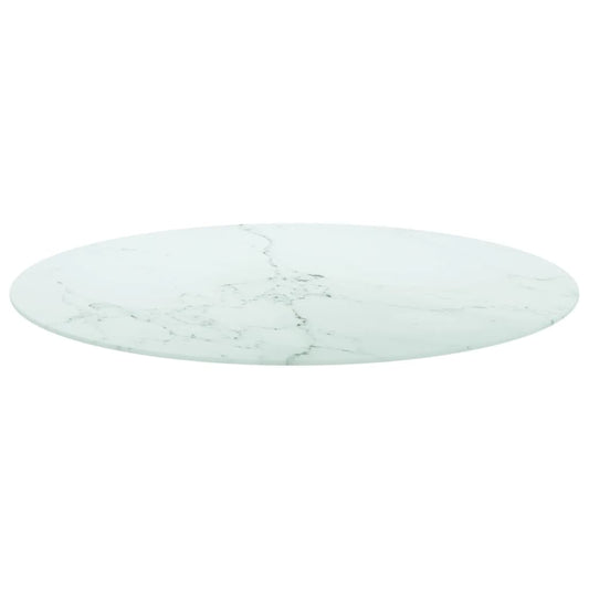 Bordplate hvit Ø90x1 cm herdet glass med marmor design