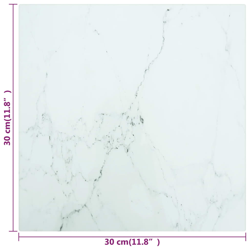 Bordplate hvit 30x30 cm 6 mm herdet glass med marmor design