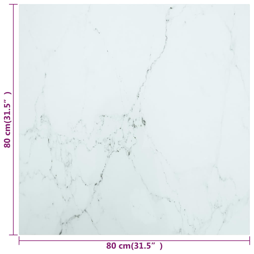 Bordplate hvit 80x80 cm 6 mm herdet glass med marmor design