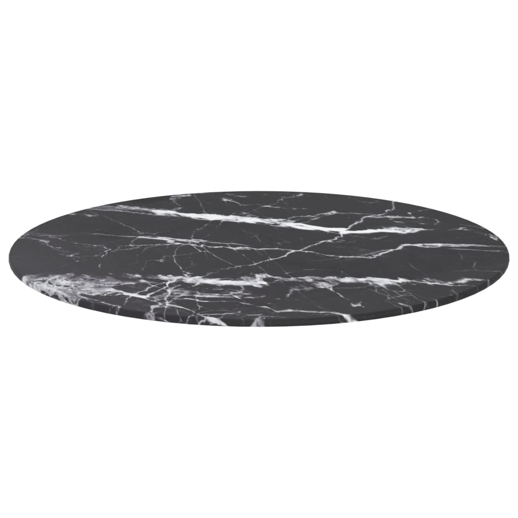 Bordplate svart Ø60x0,8 cm herdet glass med marmor design