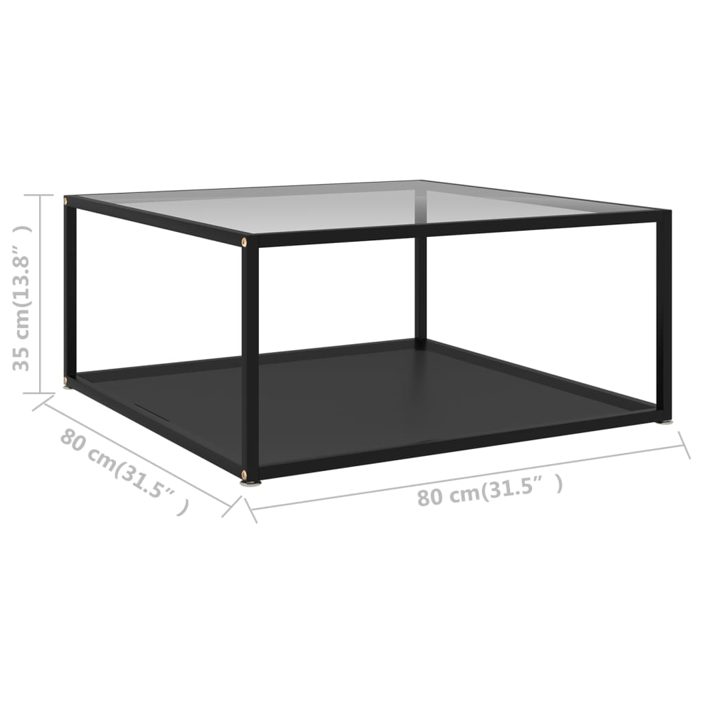 Salongbord gjennomsiktig og svart 80x80x35 cm herdet glass