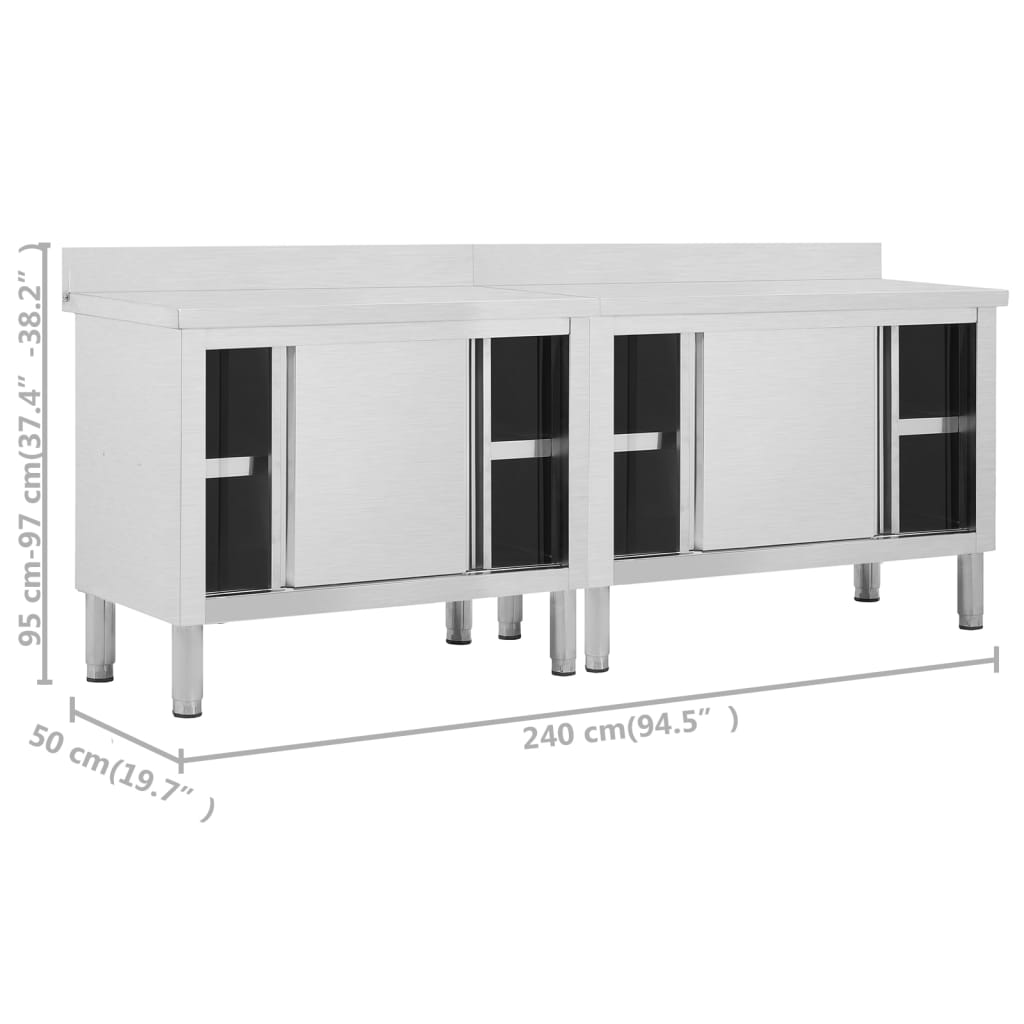 Arbeidsbord med skyvedører 2stk 240x50x(95-97)cm rustfritt stål