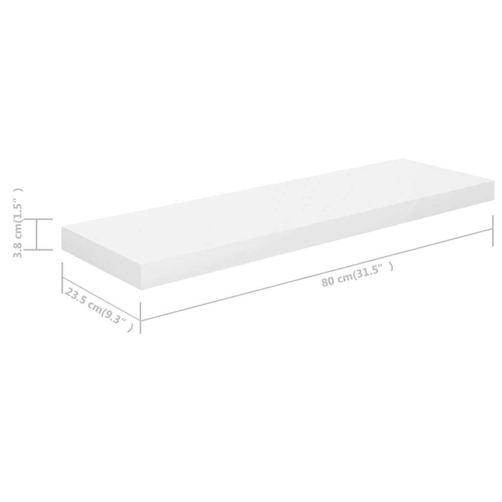 Flytende vegghyller 2 stk høyglans hvit 80x23,5x3,8 cm MDF