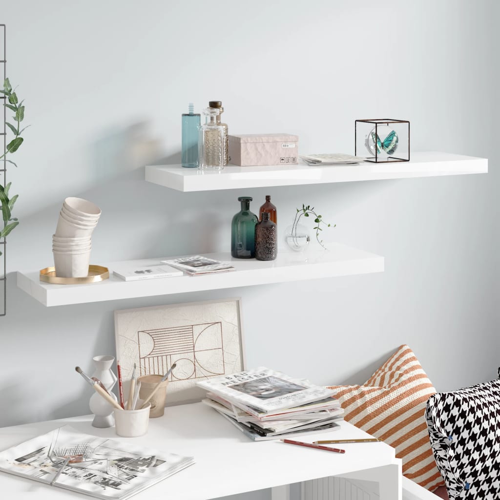 Flytende vegghyller 2 stk høyglans hvit 90x23,5x3,8 cm MDF