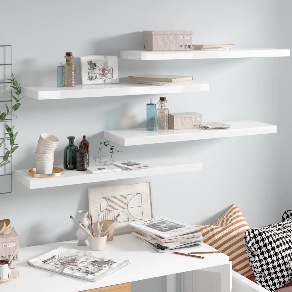 Flytende vegghyller 4 stk høyglans hvit 90x23,5x3,8 cm MDF