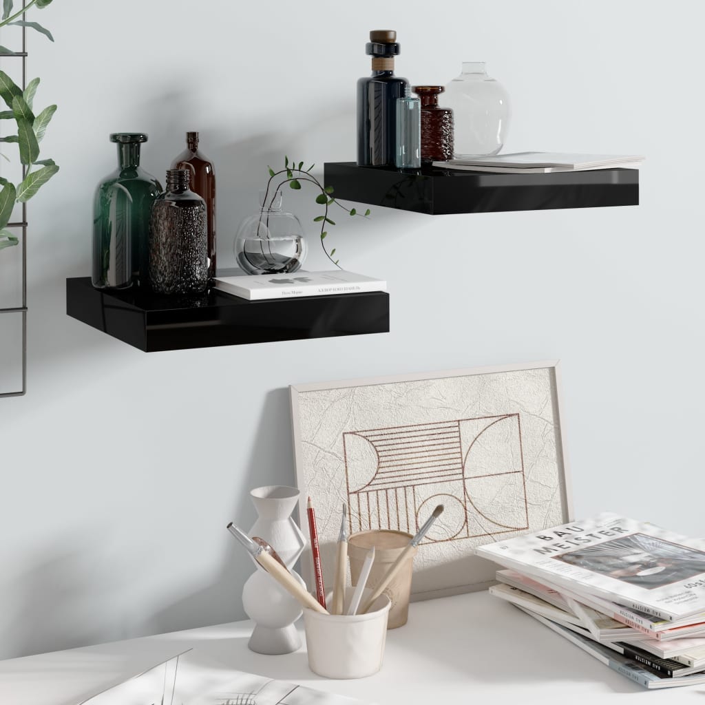 Flytende vegghyller 2 stk høyglans svart 23x23,5x3,8 cm MDF