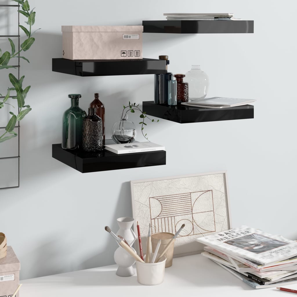 Flytende vegghyller 4 stk høyglans svart 23x23,5x3,8 cm MDF