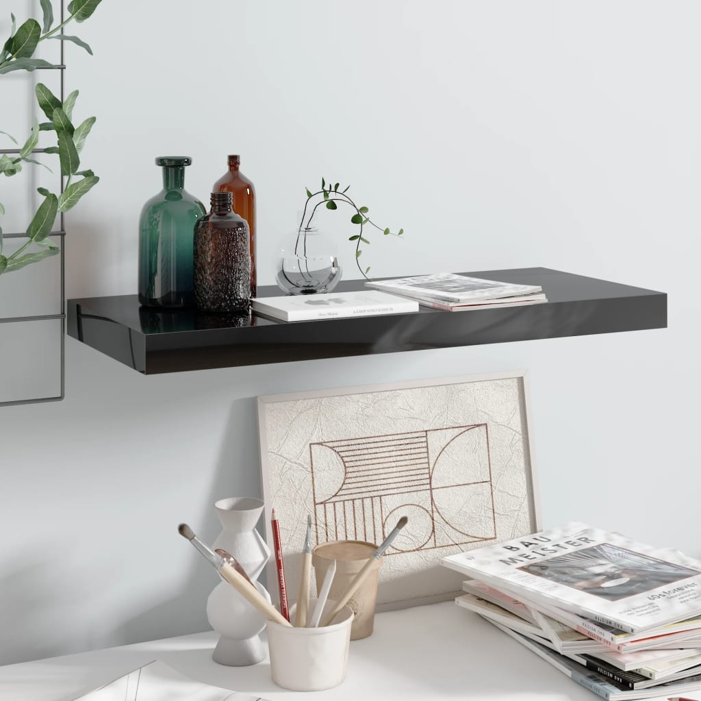 Flytende vegghylle høyglans svart 60x23,5x3,8 cm MDF