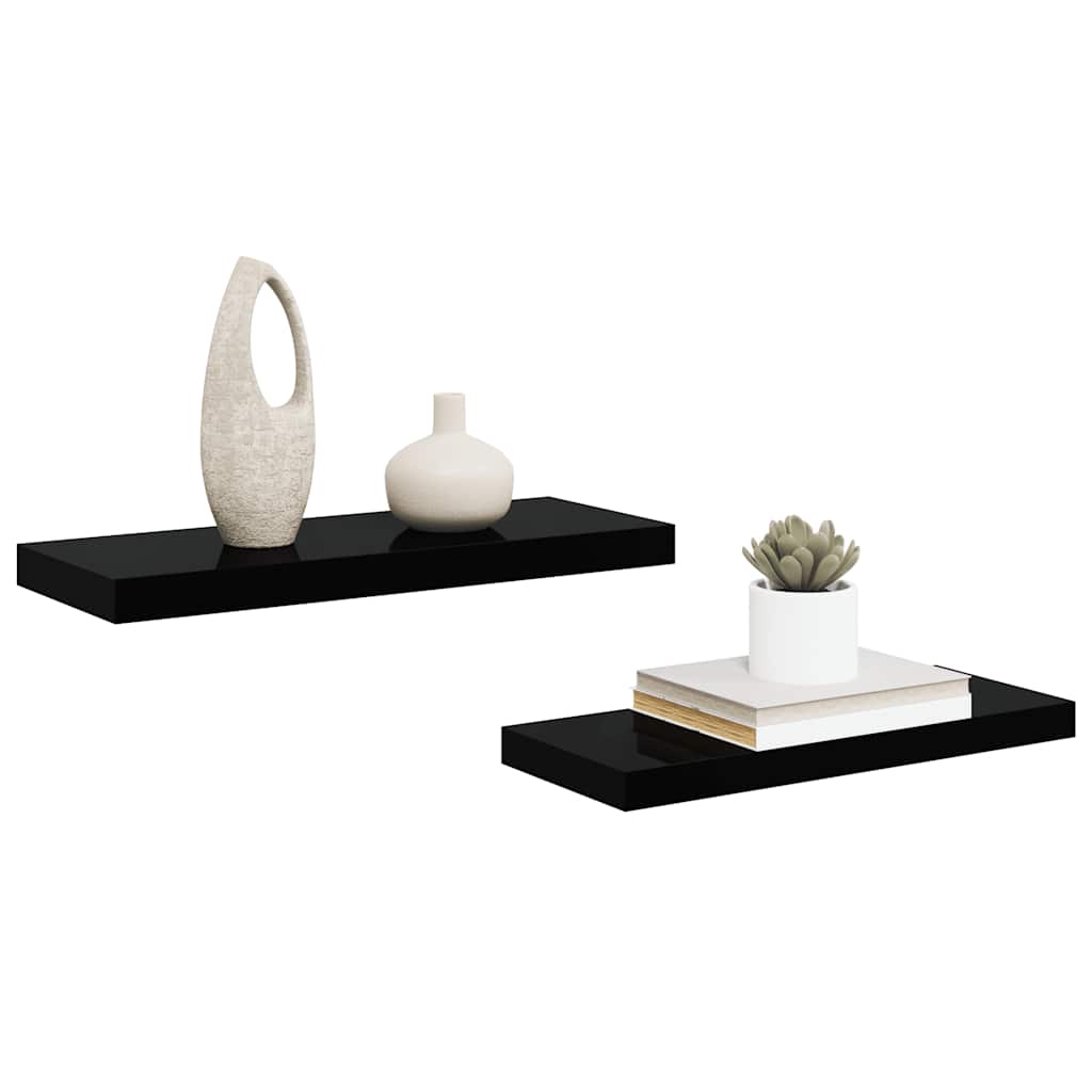 Flytende vegghyller 2 stk høyglans svart 60x23,5x3,8 cm MDF