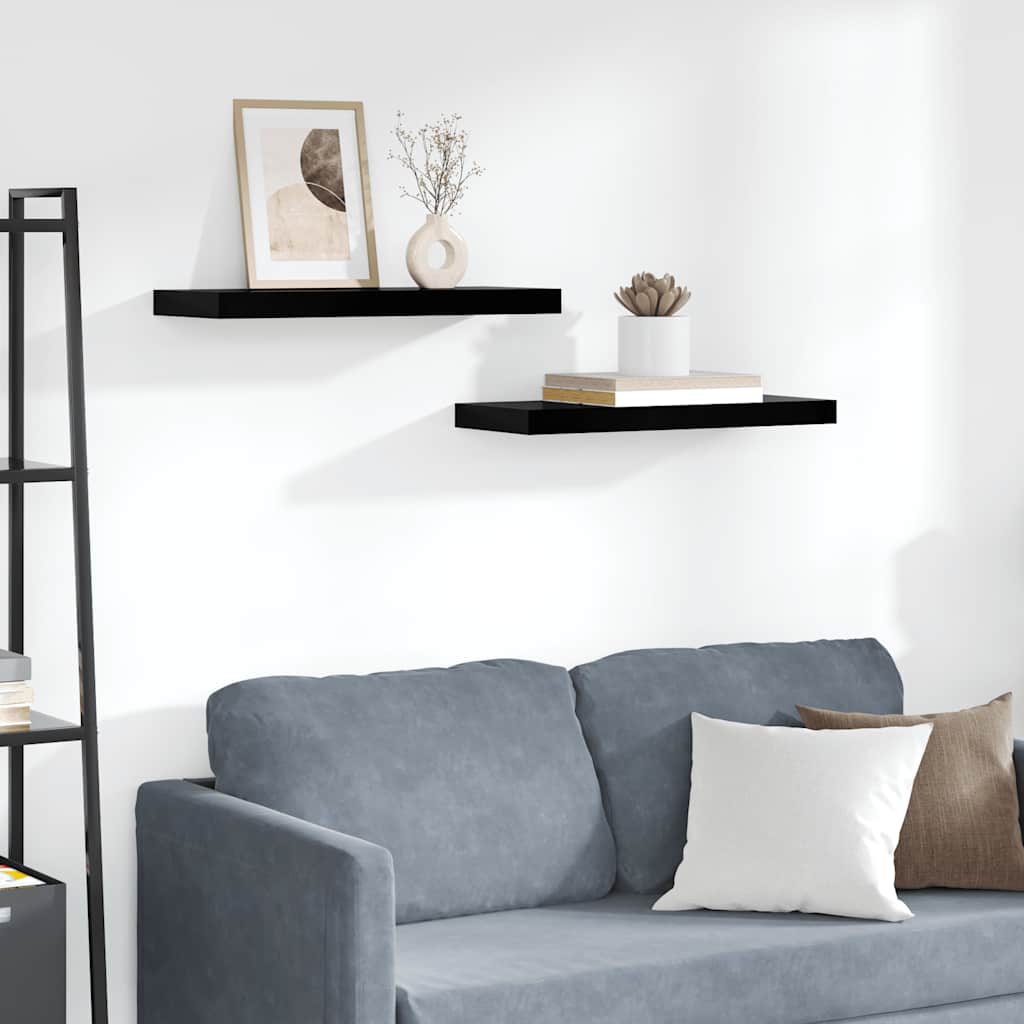 Flytende vegghyller 2 stk høyglans svart 60x23,5x3,8 cm MDF