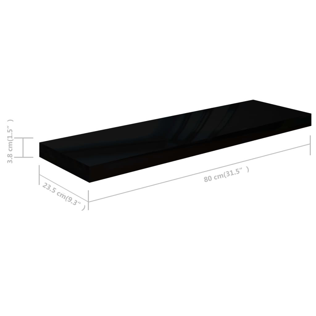 Flytende vegghyller 2 stk høyglans svart 80x23,5x3,8 cm MDF
