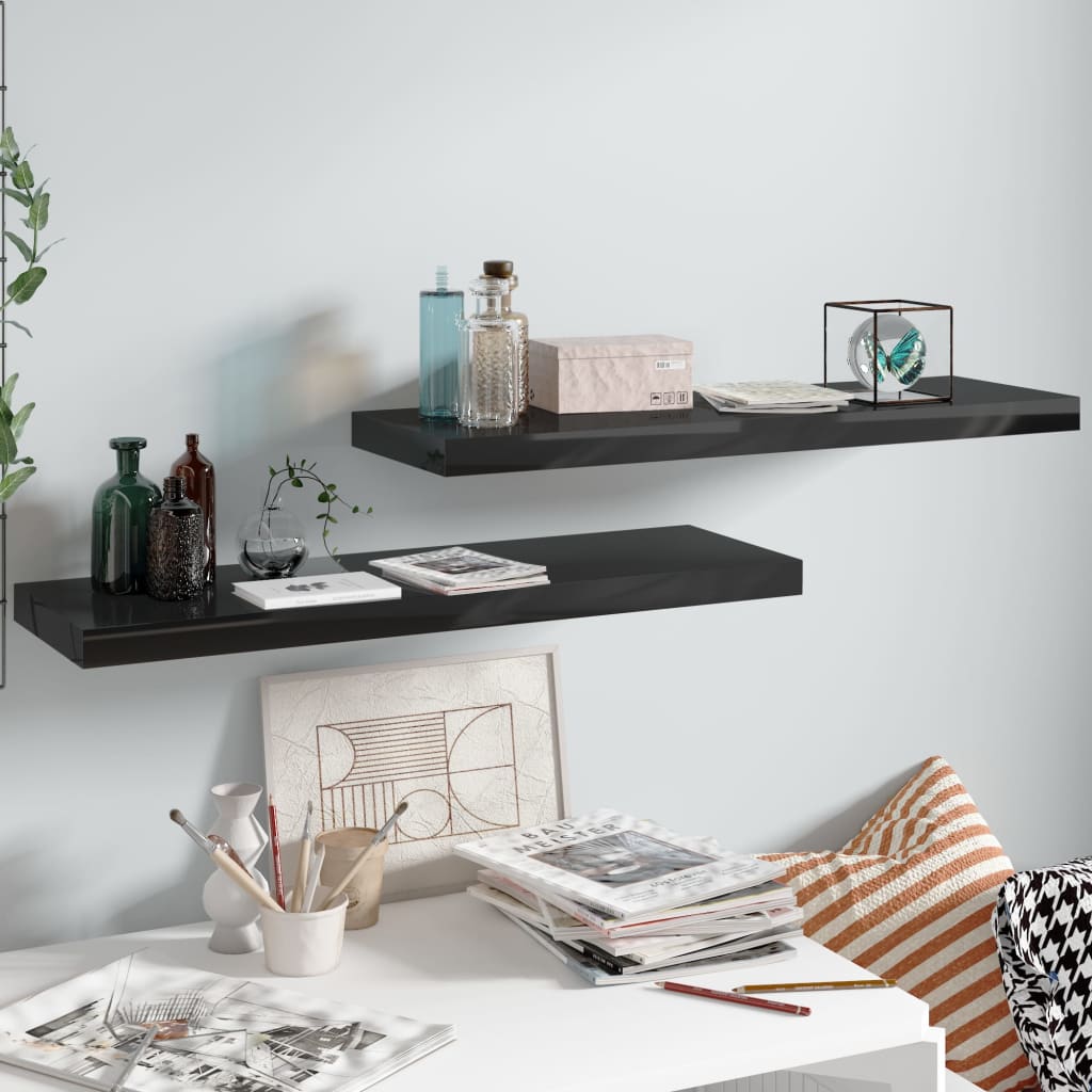 Flytende vegghyller 2 stk høyglans svart 80x23,5x3,8 cm MDF