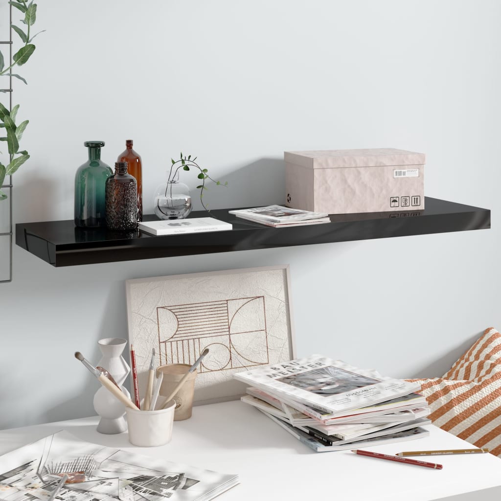 Flytende vegghylle høyglans svart 90x23,5x3,8 cm MDF