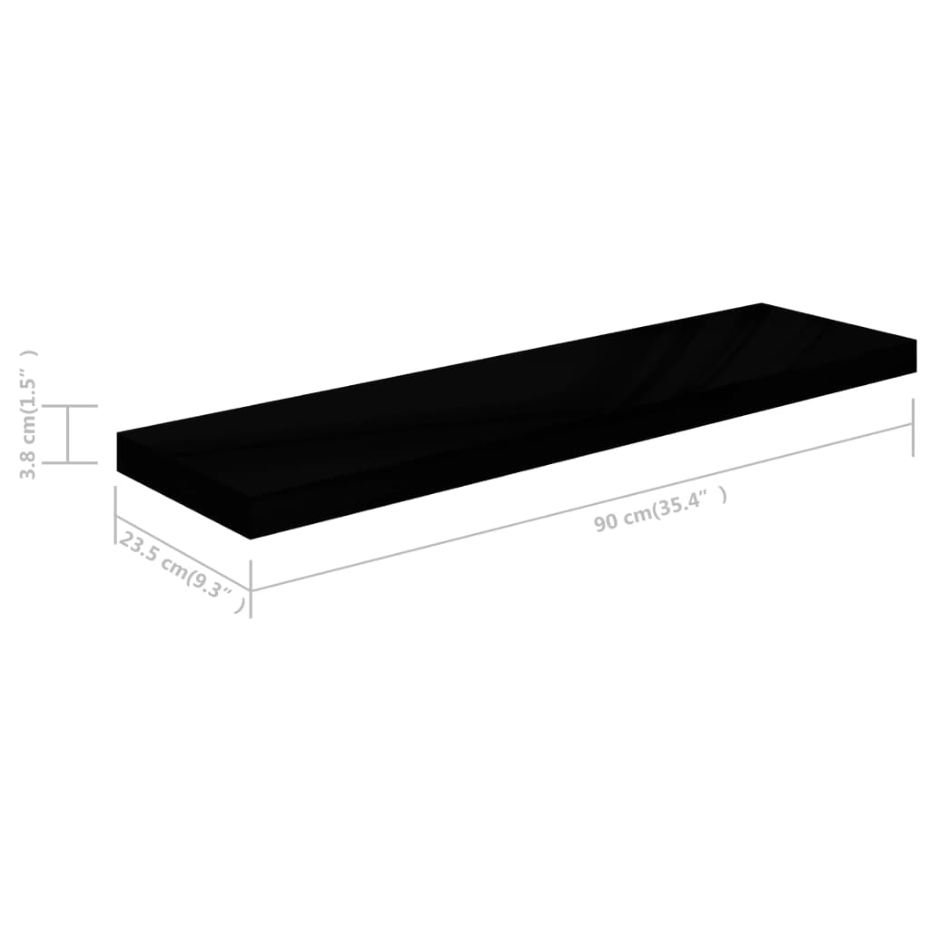 Flytende vegghyller 2 stk høyglans svart 90x23,5x3,8 cm MDF