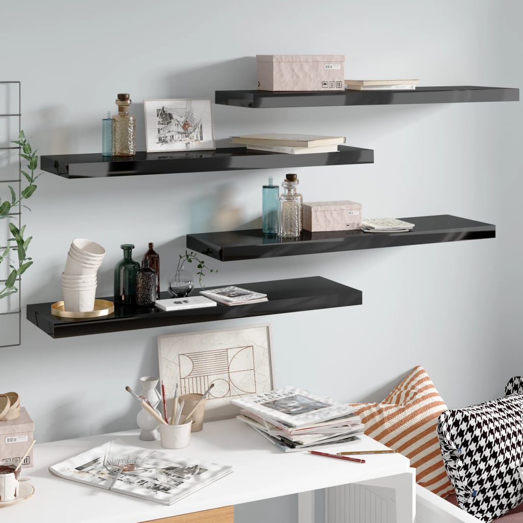 Flytende vegghyller 4 stk høyglans svart 90x23,5x3,8 cm MDF
