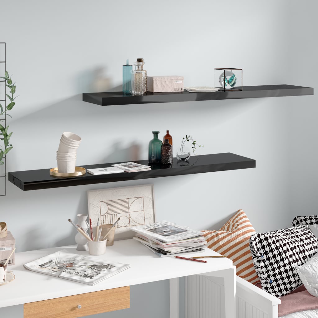 Flytende vegghyller 2 stk høyglans svart 120x23,5x3,8 cm MDF