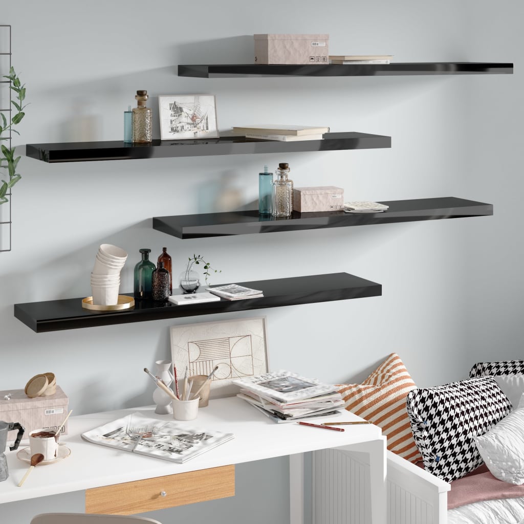 Flytende vegghyller 4 stk høyglans svart 120x23,5x3,8 cm MDF