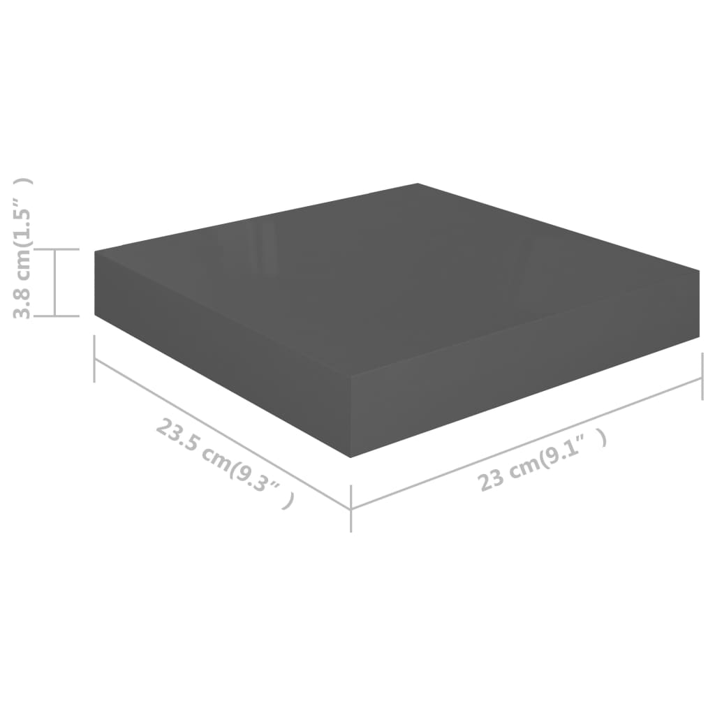 Flytende vegghyller 2 stk høyglans grå 23x23,5x3,8 cm MDF