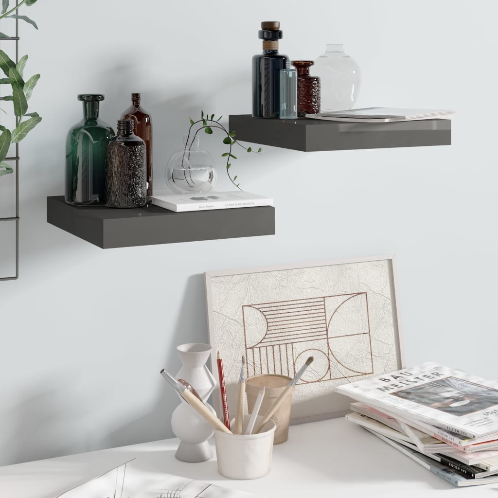 Flytende vegghyller 2 stk høyglans grå 23x23,5x3,8 cm MDF