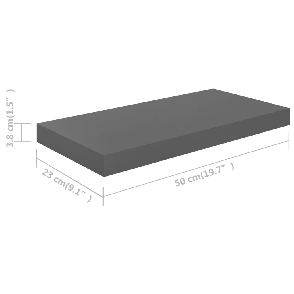 Flytende vegghyller 2 stk høyglans grå 50x23,5x3,8 cm MDF