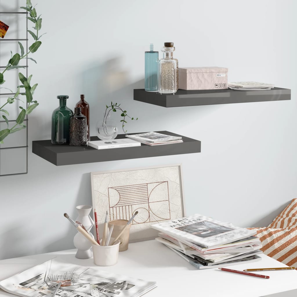 Flytende vegghyller 2 stk høyglans grå 50x23,5x3,8 cm MDF