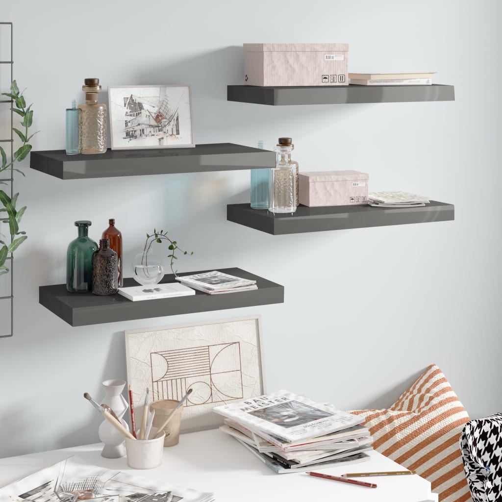 Flytende vegghyller 4 stk høyglans grå 50x23,5x3,8 cm MDF