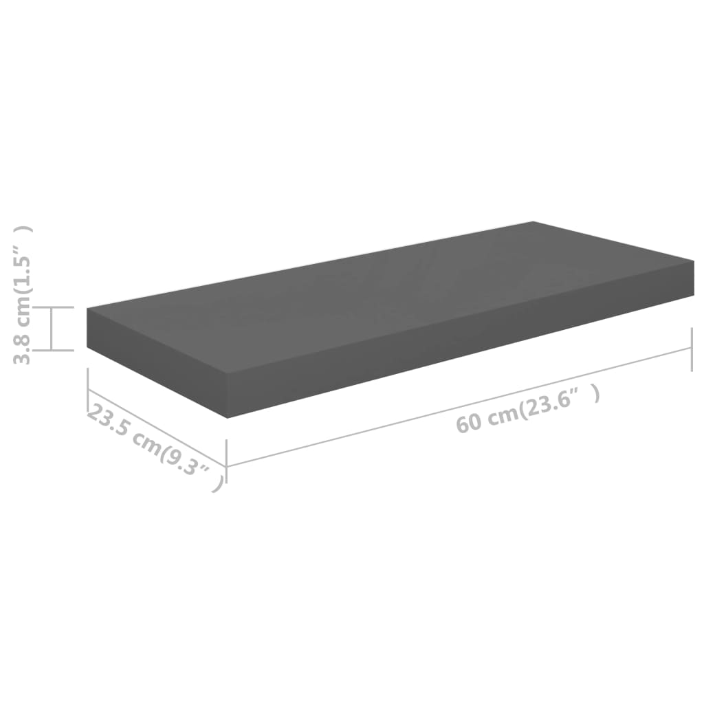 Flytende vegghyller 2 stk høyglans grå 60x23,5x3,8 cm MDF