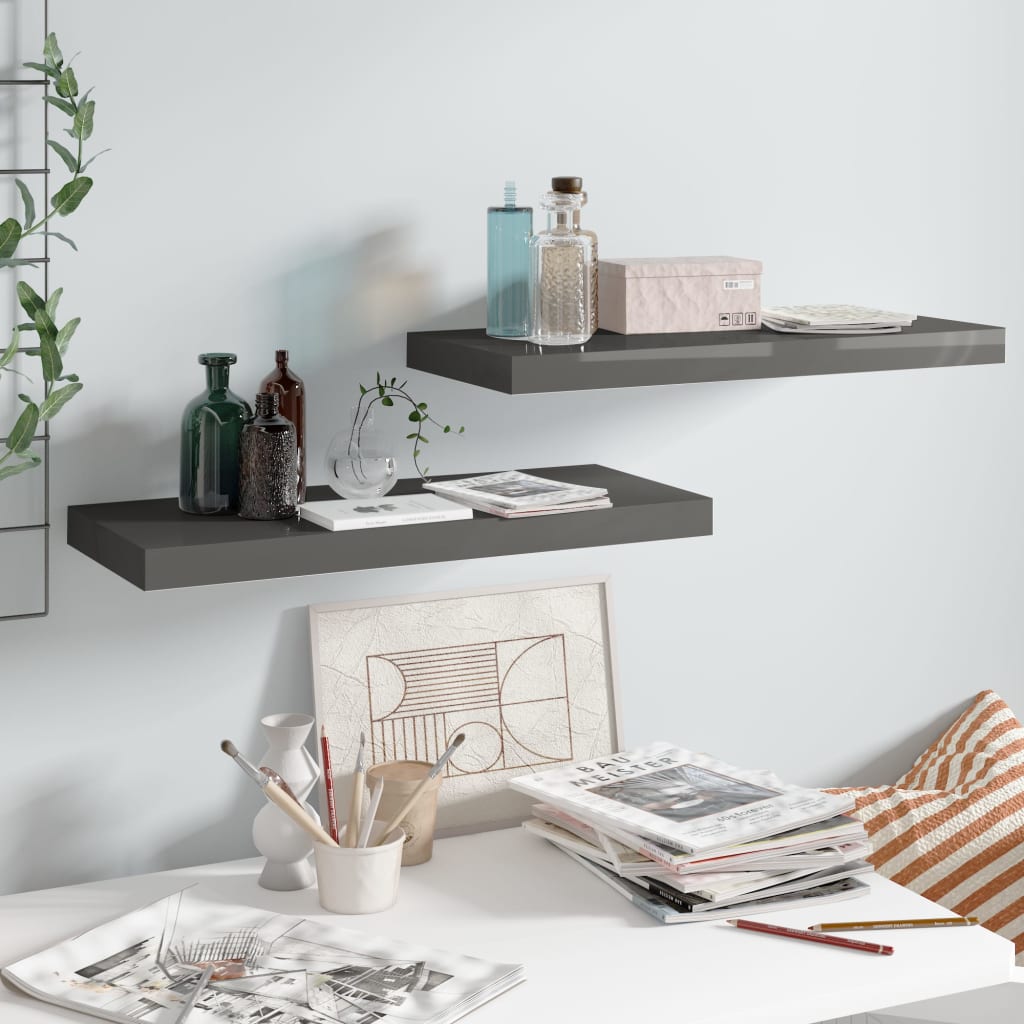 Flytende vegghyller 2 stk høyglans grå 60x23,5x3,8 cm MDF