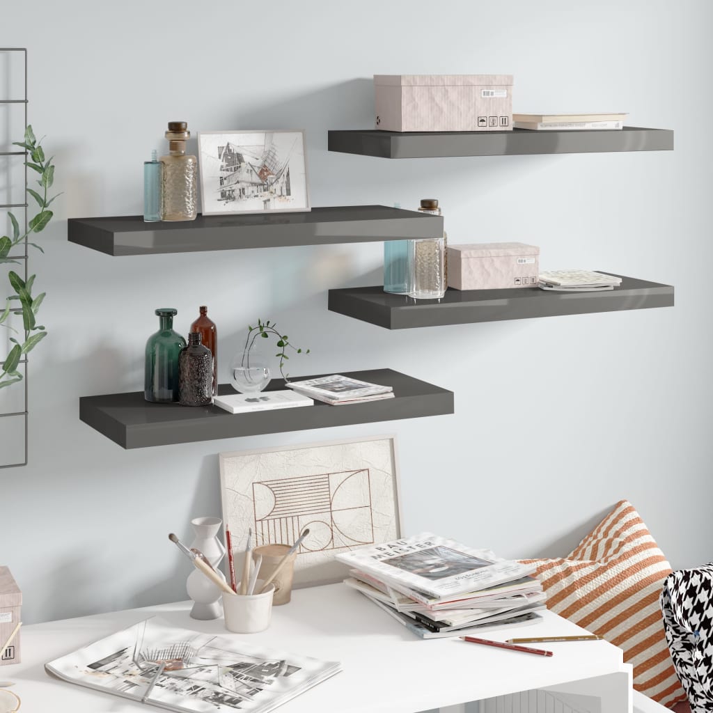 Flytende vegghyller 4 stk høyglans grå 60x23,5x3,8 cm MDF