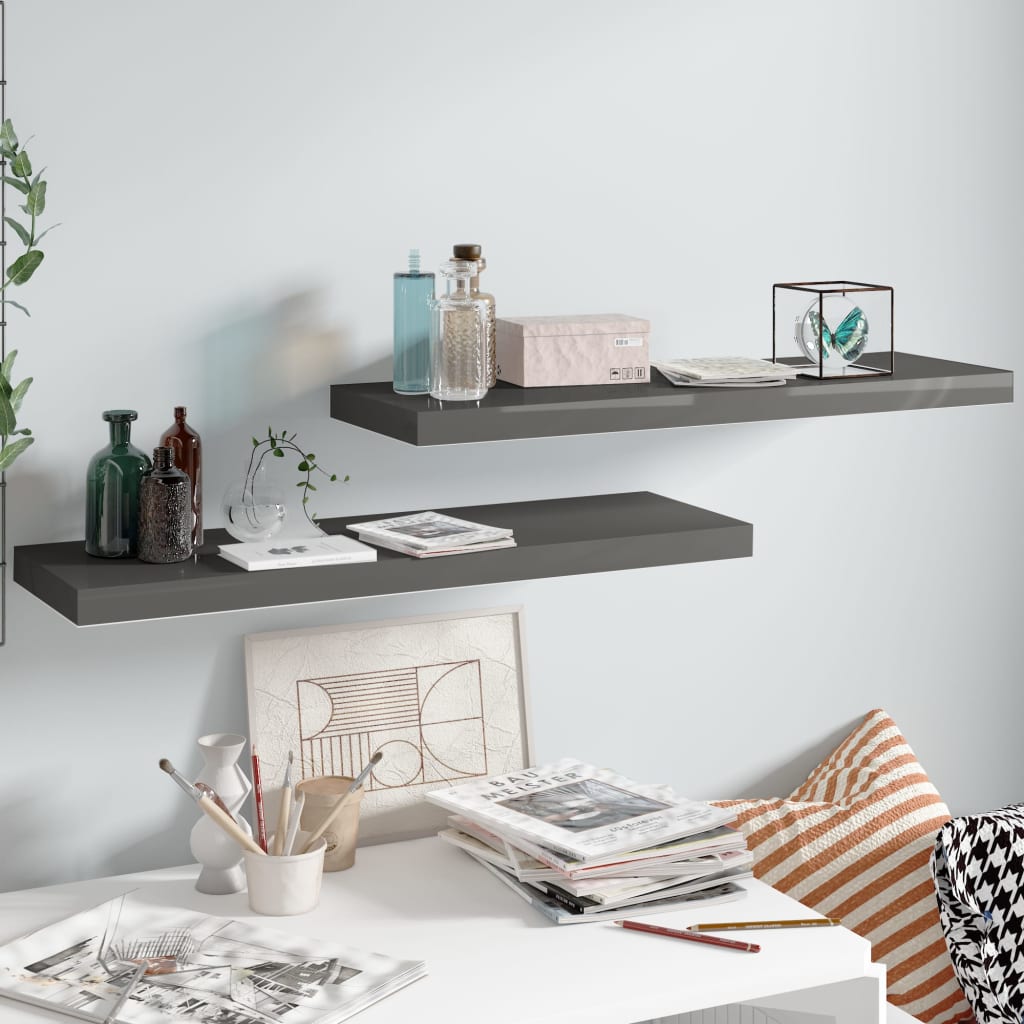 Flytende vegghyller 2 stk høyglans grå 80x23,5x3,8 cm MDF