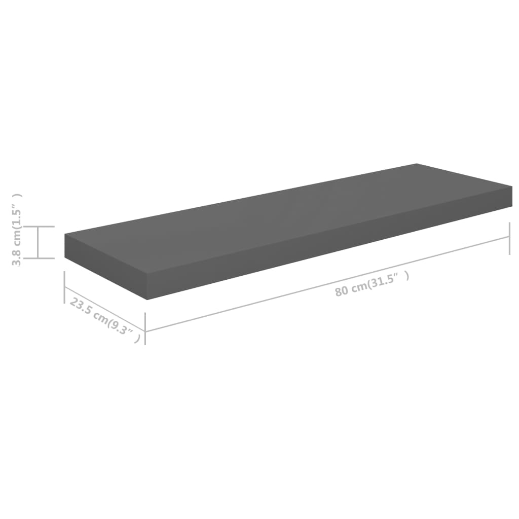 Flytende vegghyller 4 stk høyglans grå 80x23,5x3,8 cm MDF