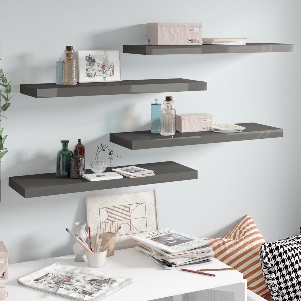 Flytende vegghyller 4 stk høyglans grå 80x23,5x3,8 cm MDF