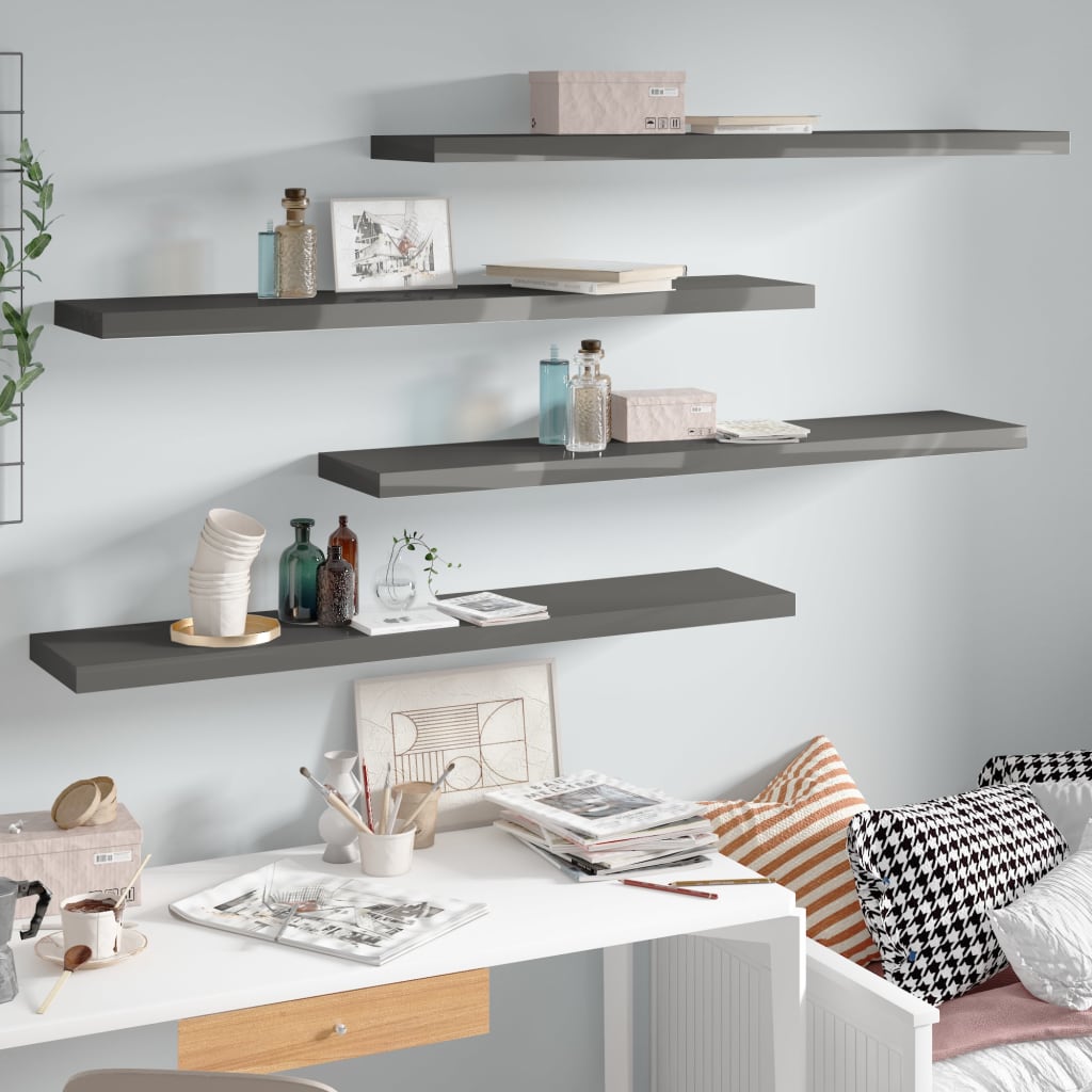Flytende vegghyller 4 stk høyglans grå 120x23,5x3,8 cm MDF