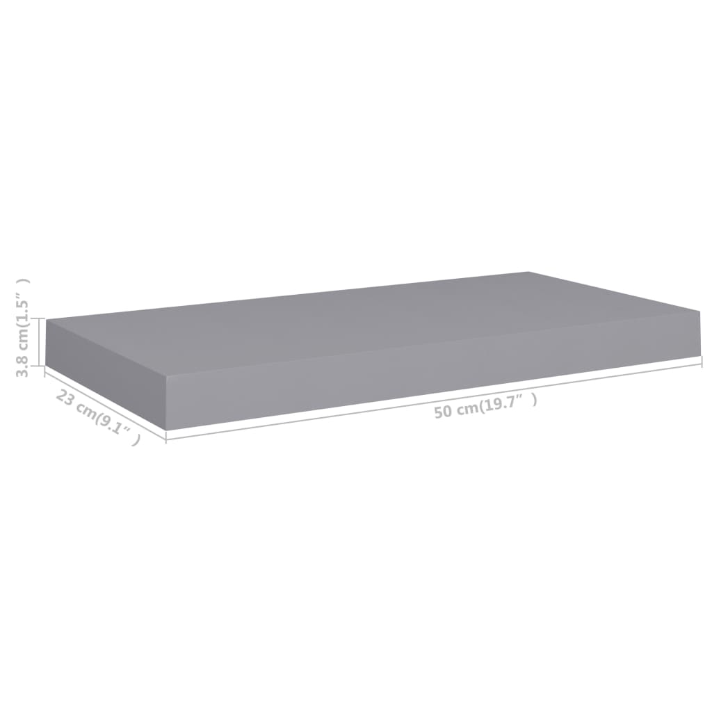 Flytende vegghyller 2 stk grå 50x23,5x3,8 cm MDF