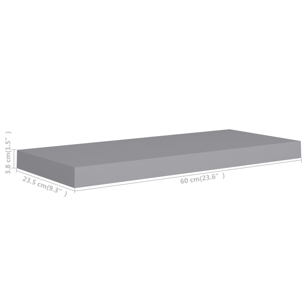 Flytende vegghyller 2 stk grå 60x23,5x3,8 cm MDF