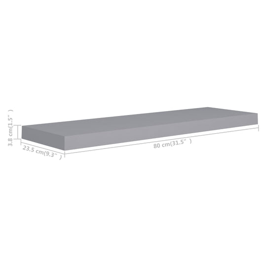 Flytende vegghyller 2 stk grå 80x23,5x3,8 cm MDF